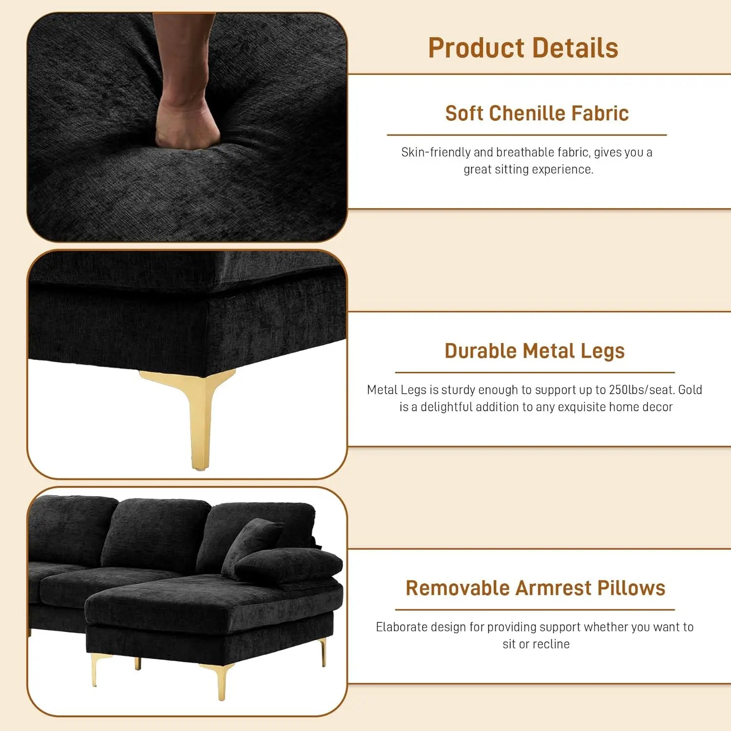 112" Cloud Sectional Sofa with Extra Deep Seat, U- Shaped Sectional Couches for Living Room 4 Seater Chenille Sofas & Couches Modern