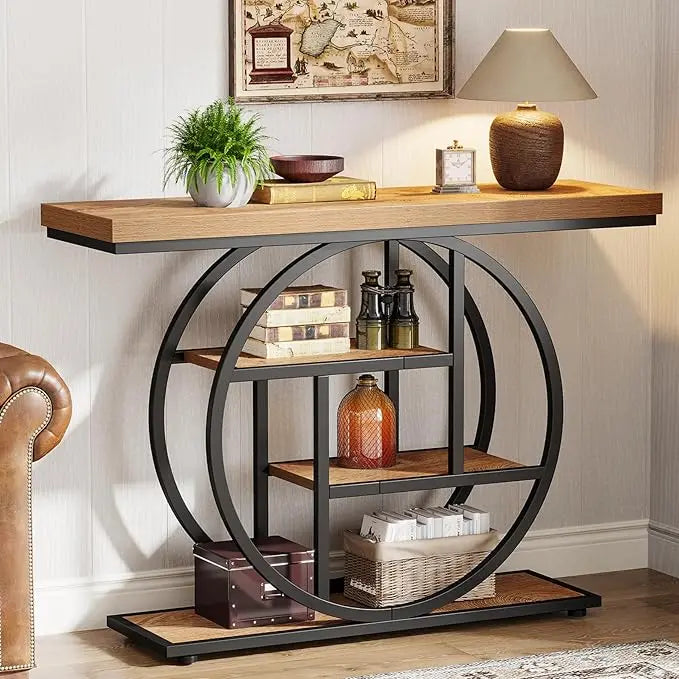 41.3" Console Table, Industrial Style Four Tier Sofa Table Entry Table with Round Base with Storage Shelf