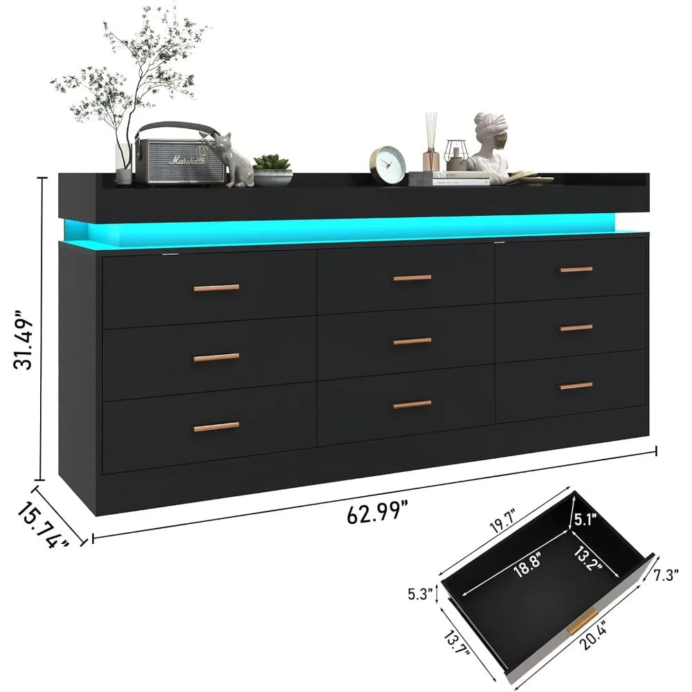 9 Drawer Dresser with Charging Station and LED Lights, Modern Chest of Drawers with Power Outlet, Organizer Cabinet for Bedroom,