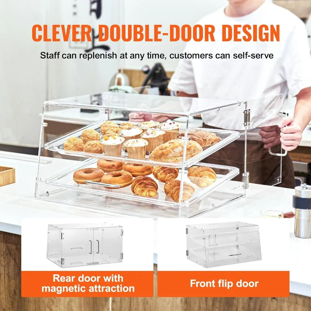 Two-Tier Commercial Pastry Display Case, Countertop Bakery Showcase with Acrylic Box and Rear Door Access