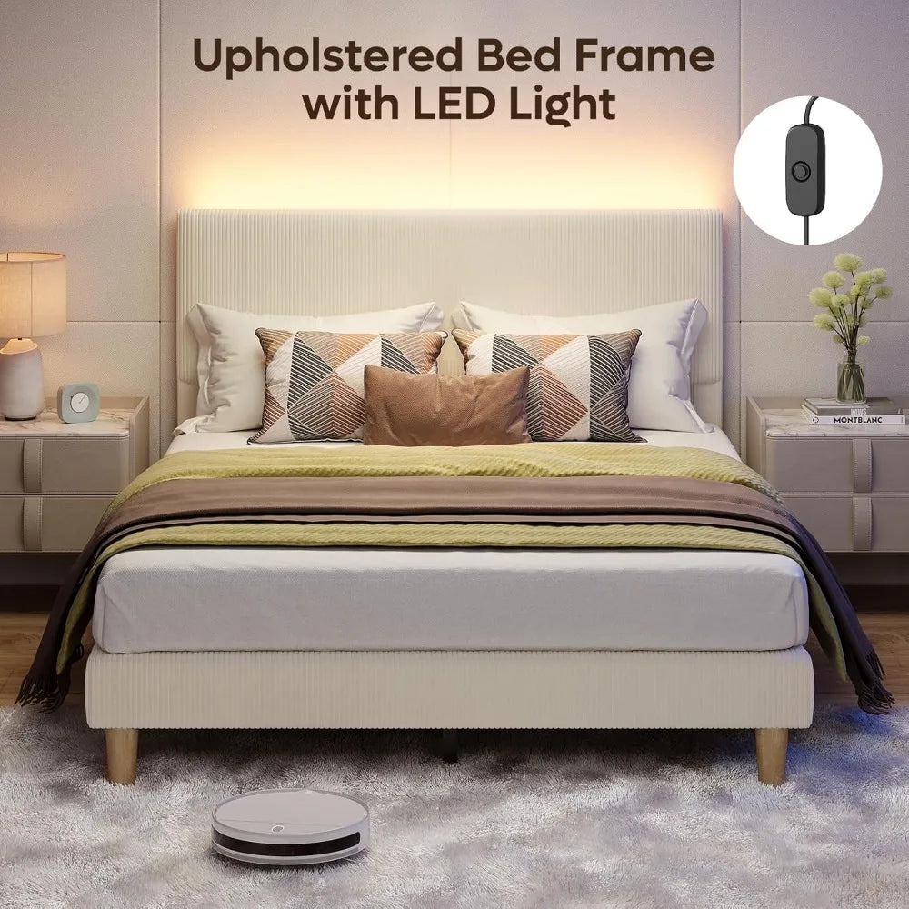 Queen Bed Frame with Adjustable Headboard, LED Lighting