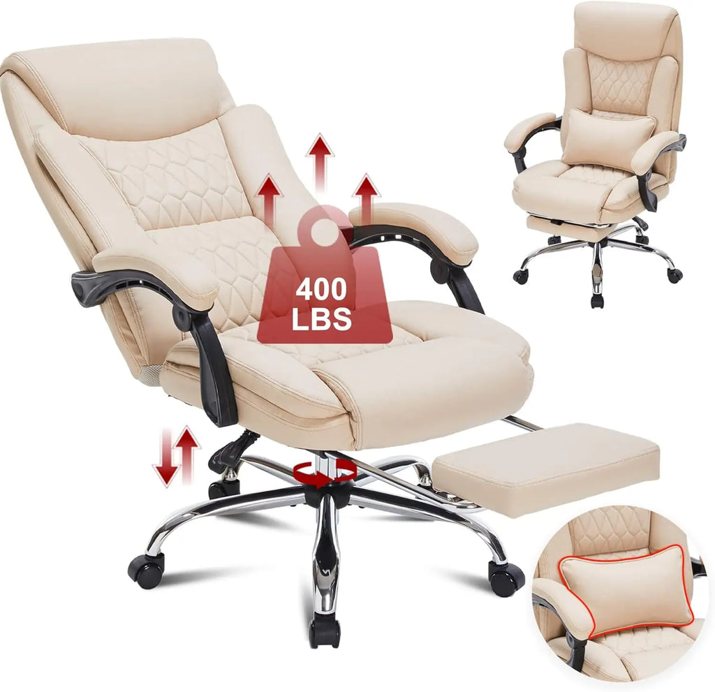 400lbs Reclining Office Chair with Footrest, Ergonomic Big and Tall Desk Chair for Heavy People (Khaki)