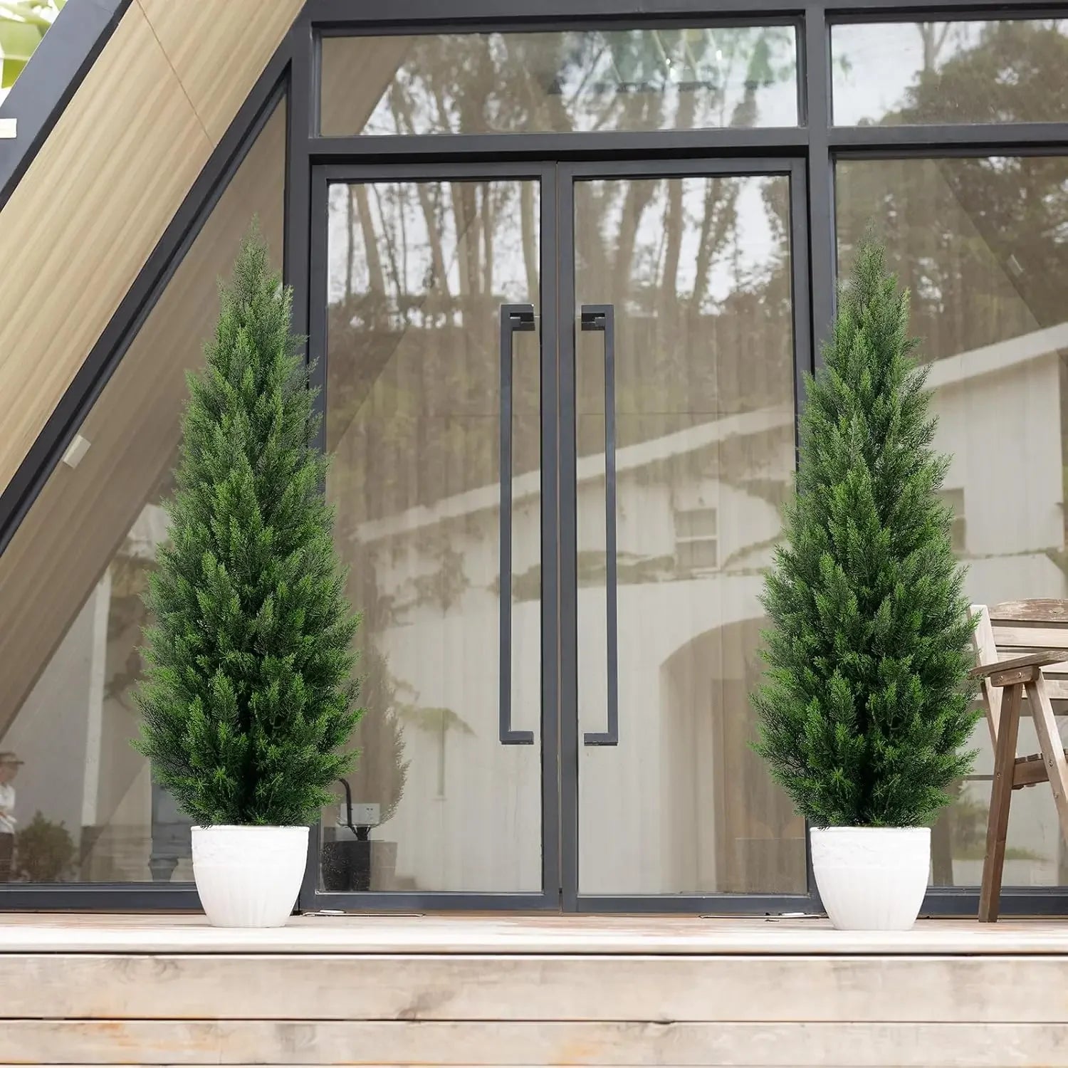 Artificial Topiary Cedar Trees 5FT Tall 2 Set, Outdoor Indoor Faux Pine Shrubs Plants, Realistic Fake Plants Front Porch Decor