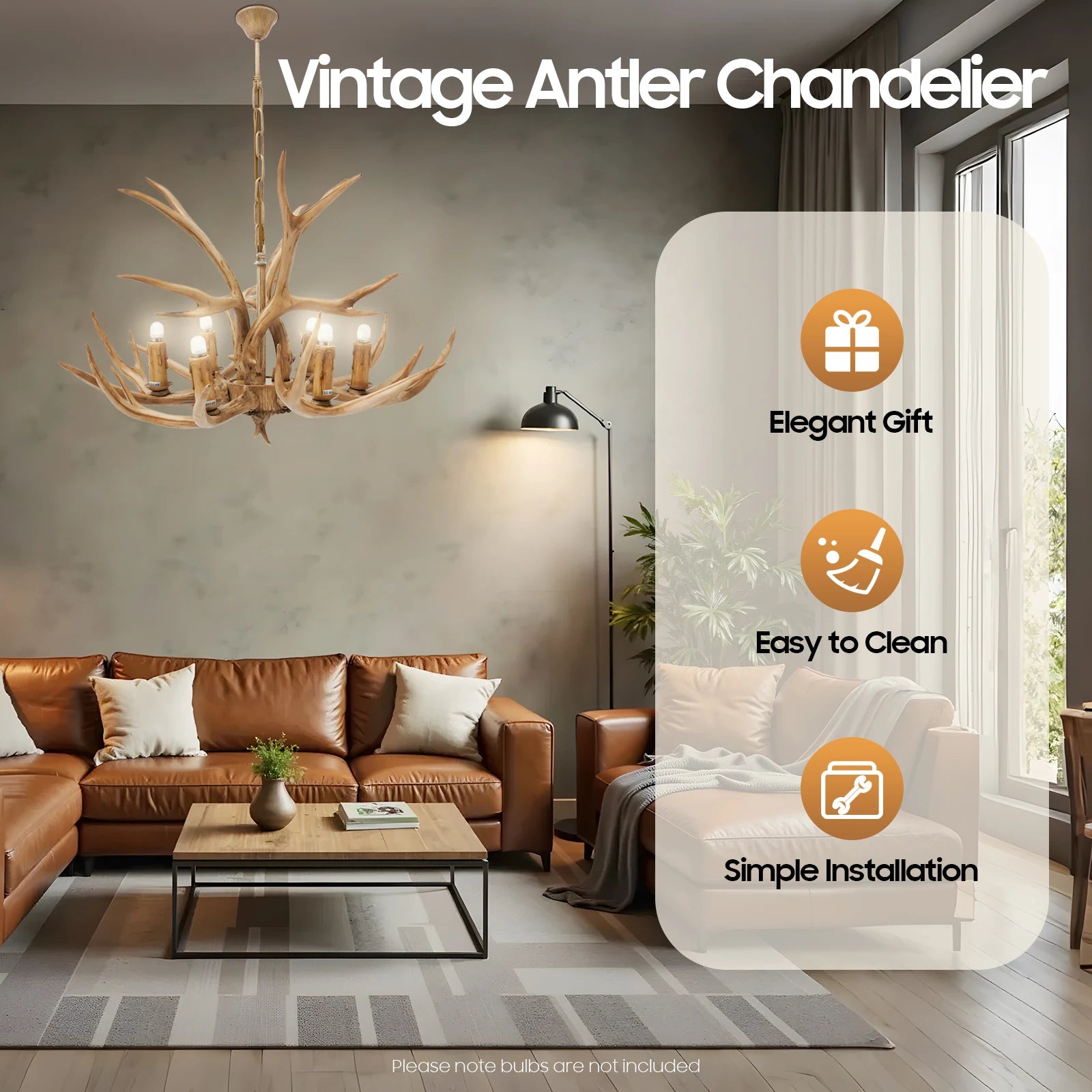 110V Resin Deer Antler Ceiling Light Retro Style/ Deer Chandelier 6 Lights for Dining /Room/ Kitchen /Hallway/ Bars /Hotels