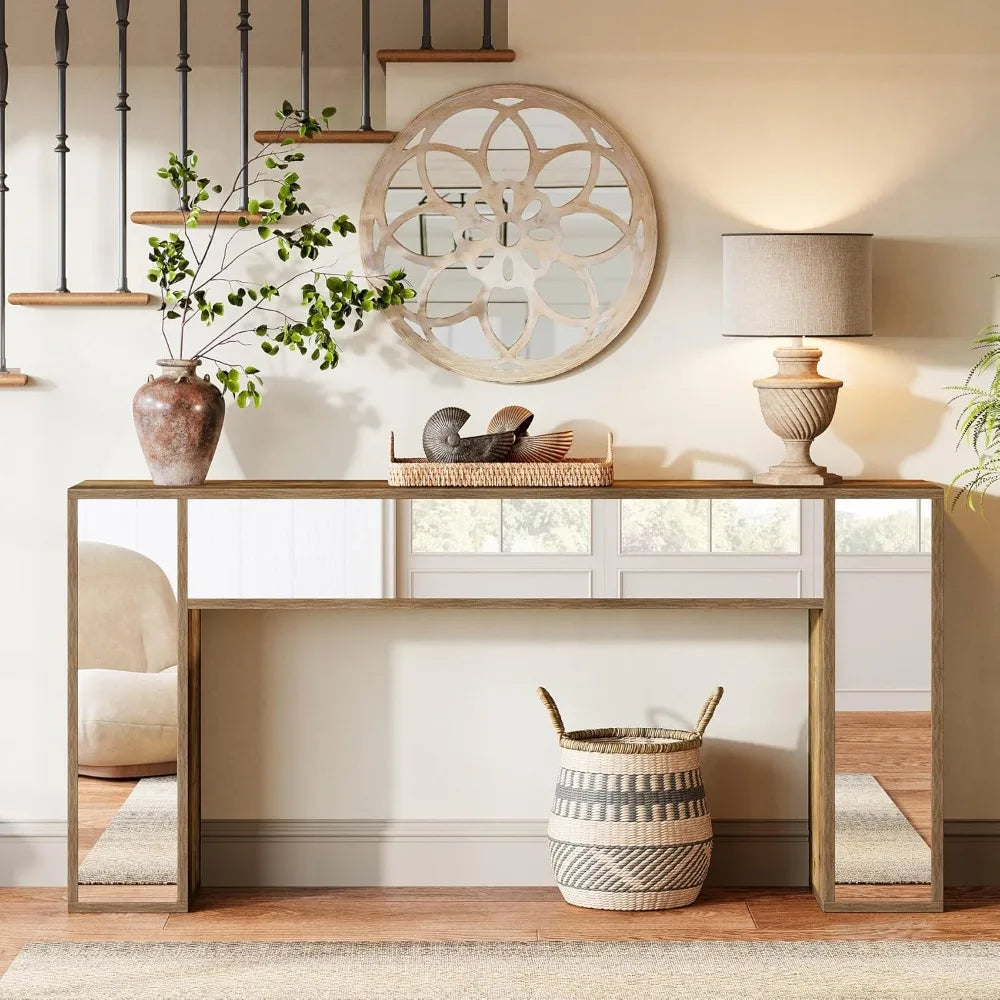 63" Mirrored Console Table for Entryway, Farmhouse Wood Sofa Table Behind Couch In Living Room