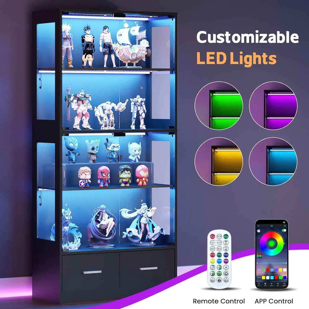 Glass Display Cabinet with Doors - Curio Cabinet with Dynamic LED Lights for Collectibles, 67" Display Case with 4 Tiers & Drawers