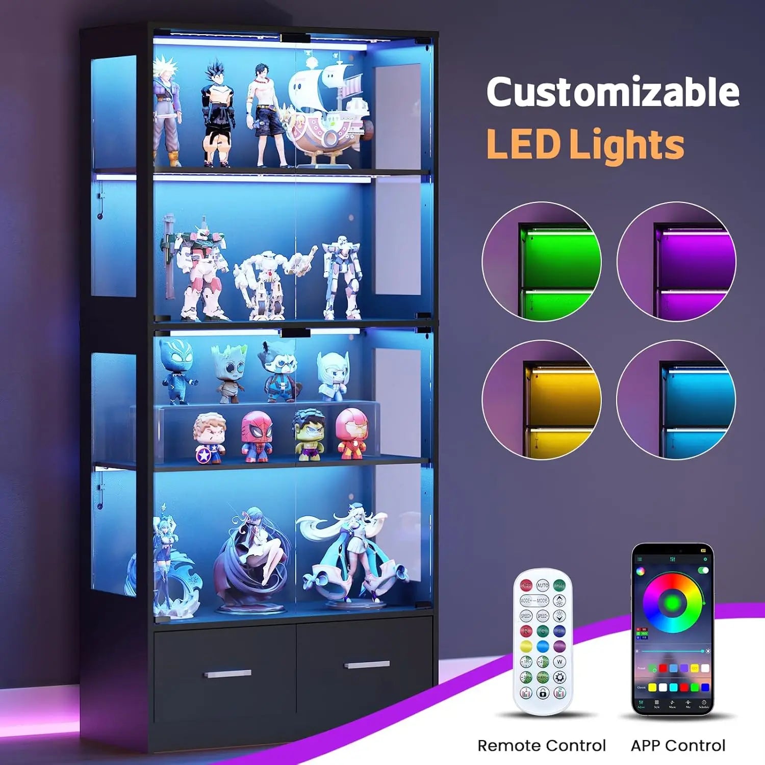 Glass Display Cabinet with Doors - Curio Cabinet with Dynamic LED Lights for Collectibles, 67" Display Case with 4 Tiers & Drawers