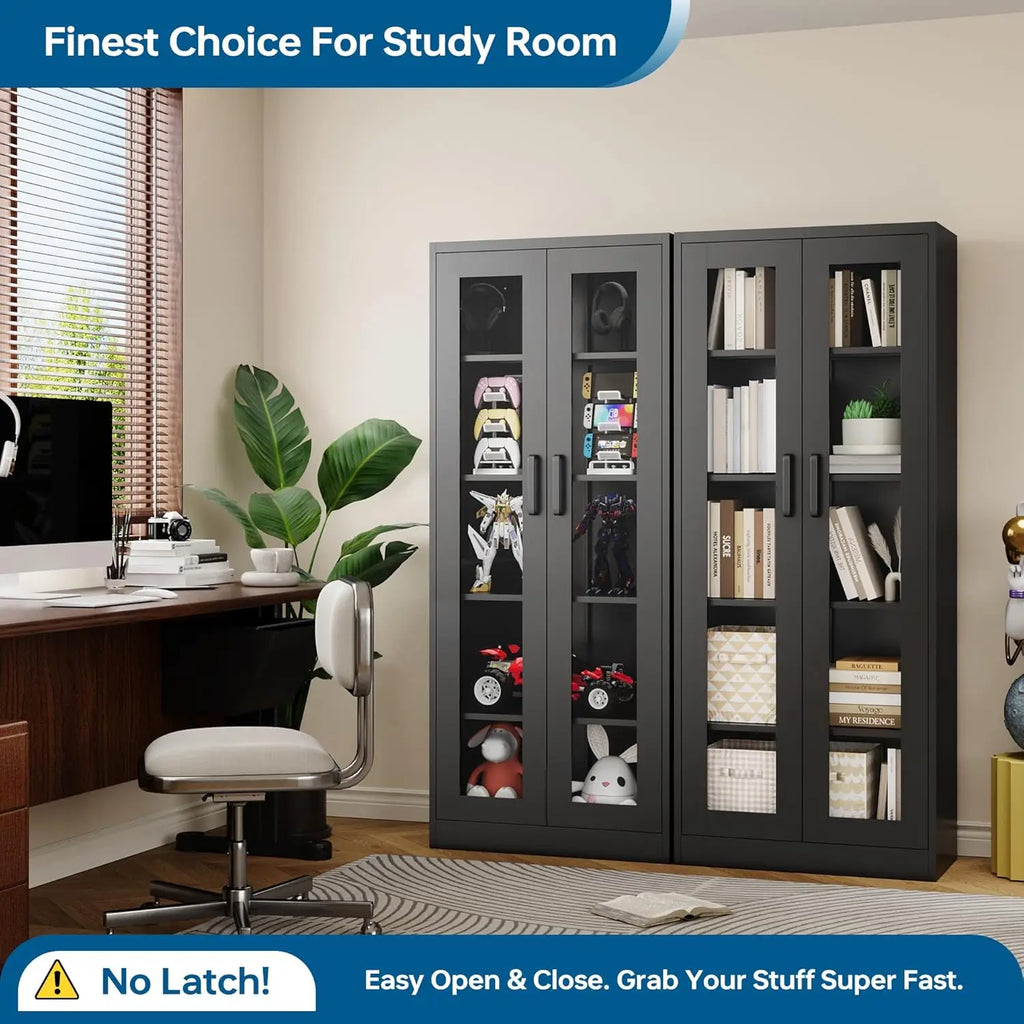 67" Glass Door Display Cabinet with 4 Adjustable Shelves, Heavy Duty Steel Storage Case for Home Office