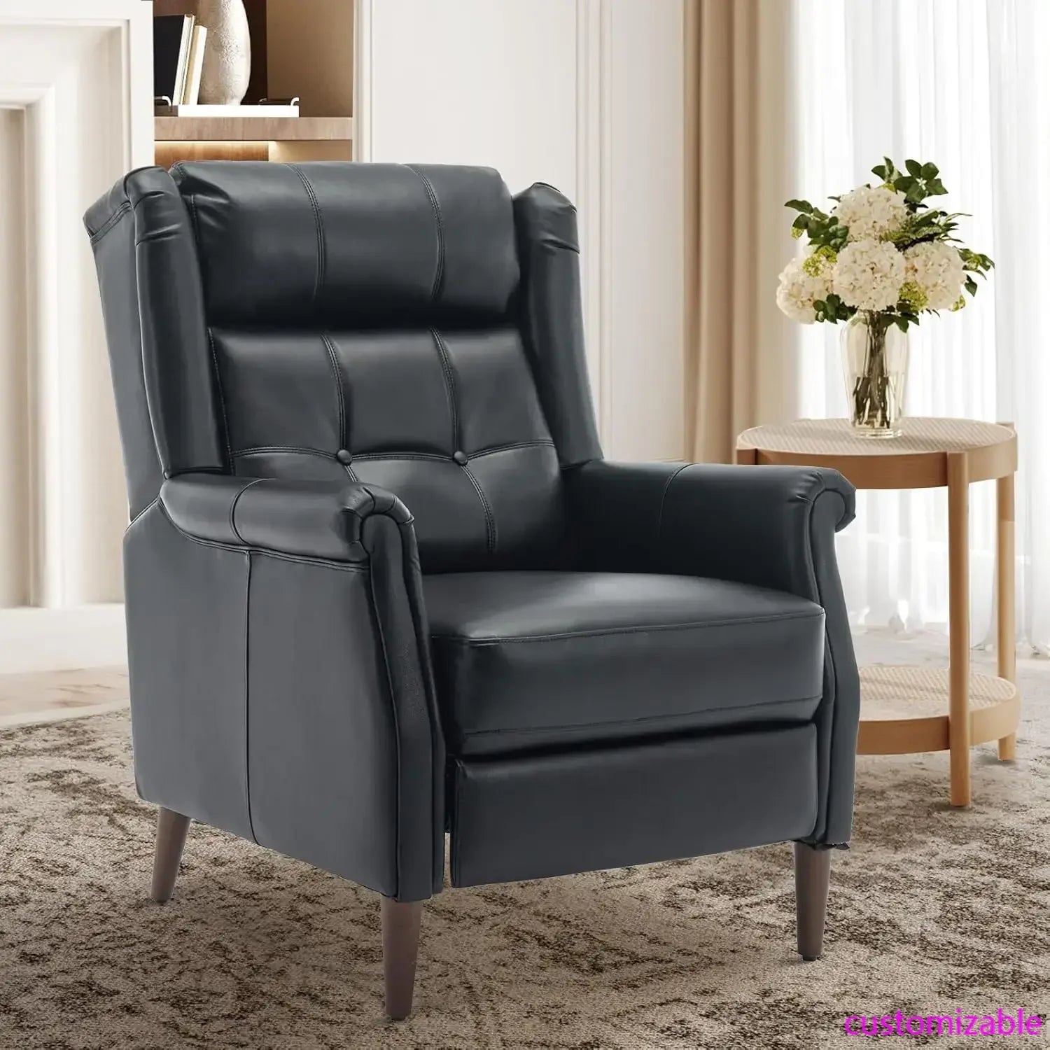 Wingback Pushback Recliner Chair, Modern Upholstered Leather Living Room Chair Armchair with Button Tufted Back, Black