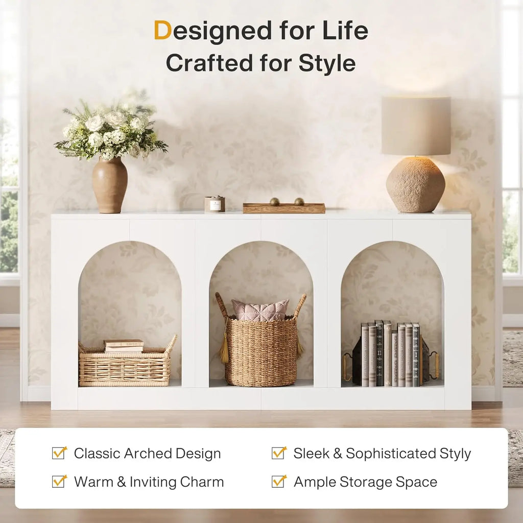 70.9" White Console Table with Storage, Wood Entryway Entry Table with 3 Arched Shelves for Foyer, Hallway, Living Room
