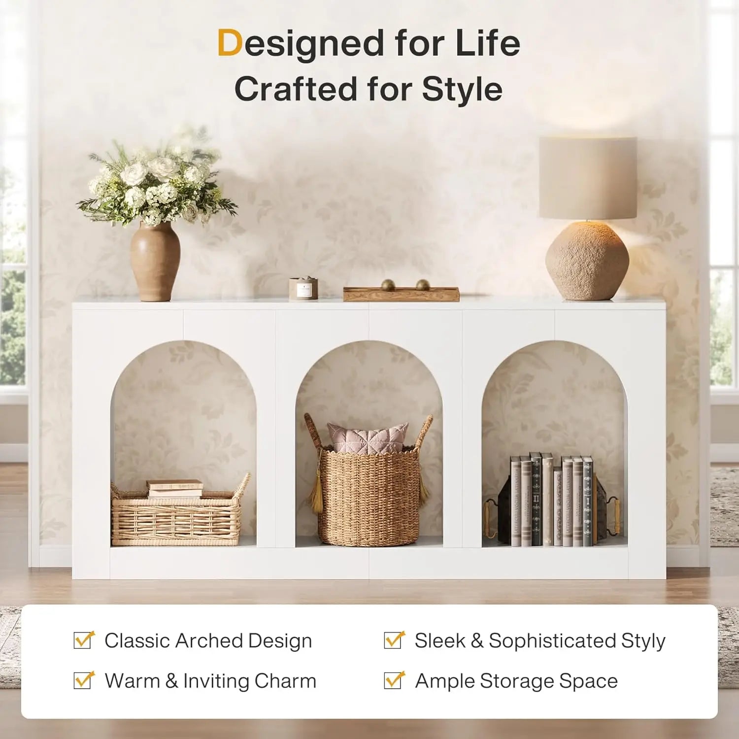 70.9" White Console Table with Storage, Wood Entryway Entry Table with 3 Arched Shelves for Foyer, Hallway, Living Room