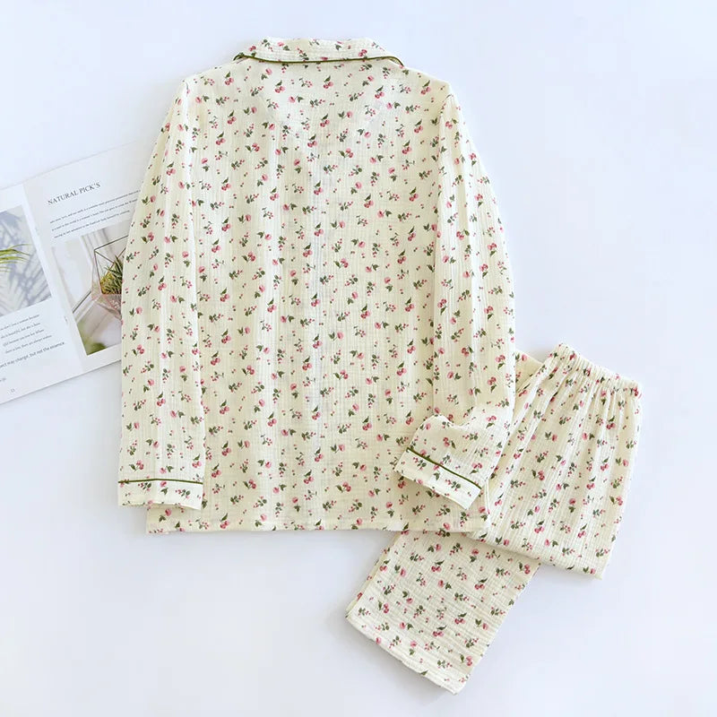 Spring and Autumn Women's Pajama Set 100%/ Cotton Crepe Long Sleeved Pants/ Two Piece/ Cute and Sweet Set Ladies