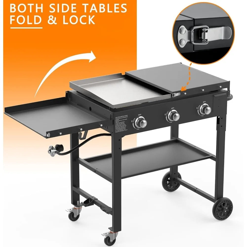 Flat Top Gas Grill-31.5 Inch Outdoor Propane Griddle, Portable Gas Griddle -45000 BTU Propane Fueled, 3 Burners, Table Top Foldable
