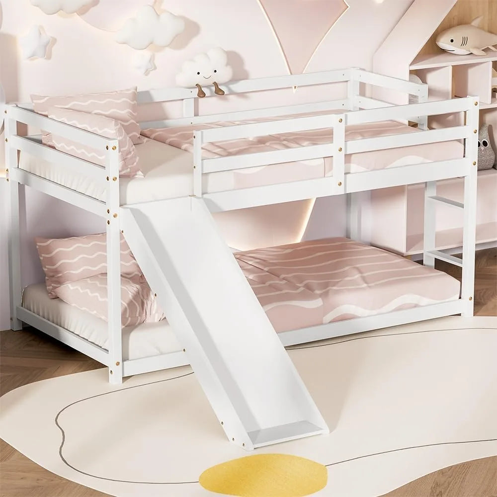Low Bunk Bed with Slide, Floor Loft Bed with Climbing Ladder, Wood Twin Bunk Bed Frame with Full Guardrails & Storage Space
