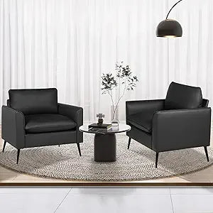 Accent Chairs Set of 2, Black Leather Accent Chair, Comfy Living Room Chair, Cozy Reading Sitting Chair, Mid Century Modern