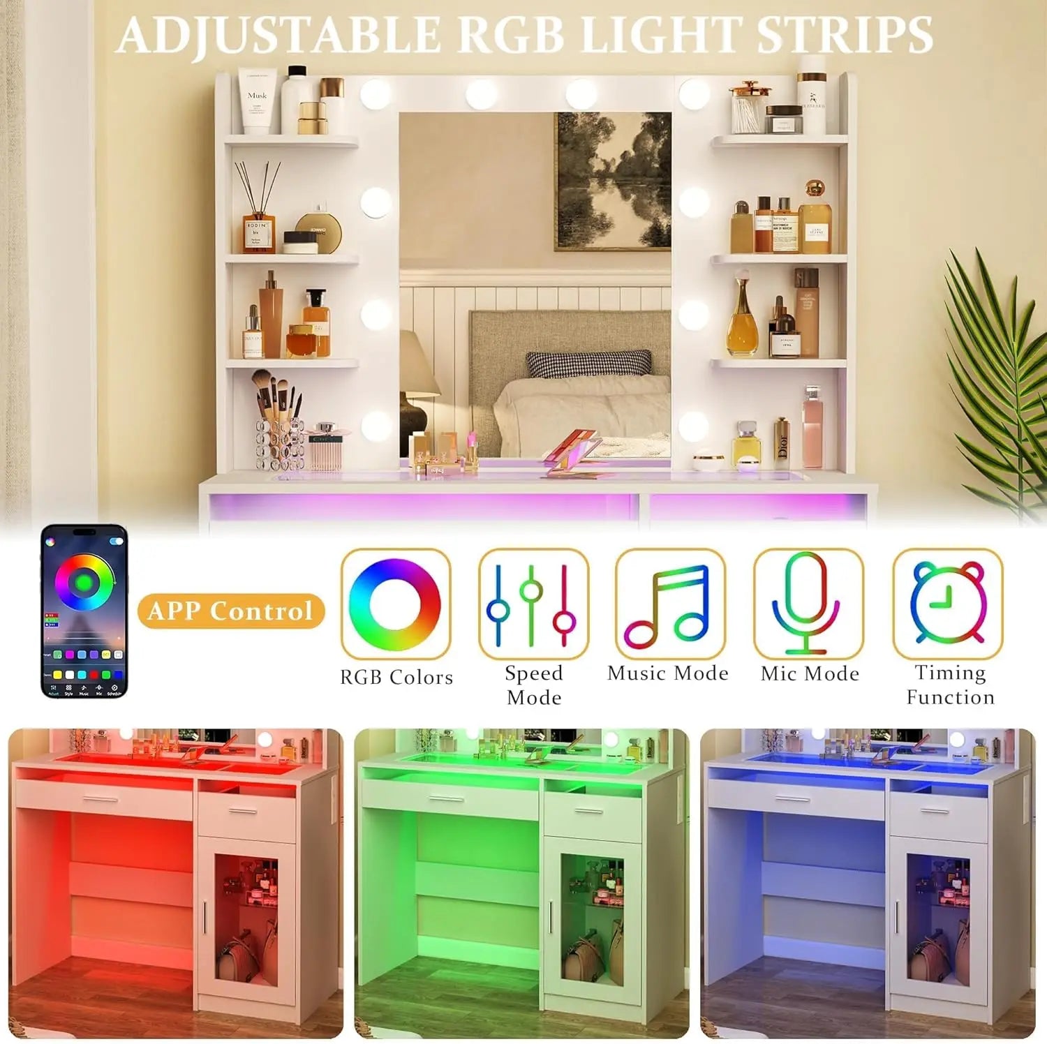Vanity Desk with Mirror and Lights, Makeup Vanity Desk with Lights 3 Colors, Transparent Top Vanity with 2 RGB Drawers, 6 Shelve