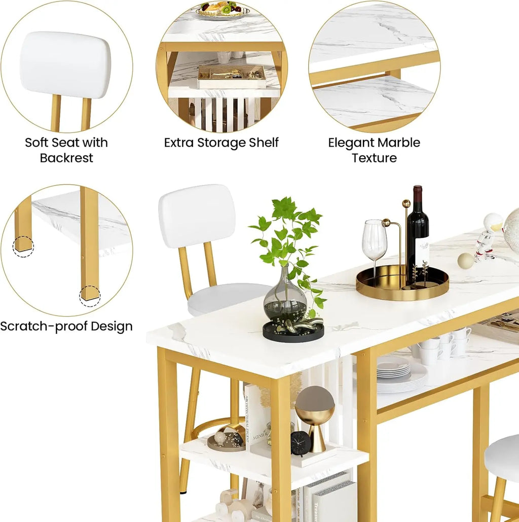 3-Piece Bar Table and Chairs Set, Modern White Faux Marble Table with 2 Cushion Bar Stools, Kitchen Counter