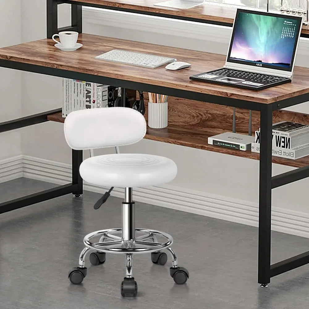 Modern PU Leather Rolling Swivel Chair with Adjustable Height and Footrest for Work, Salon, and Drafting (White)