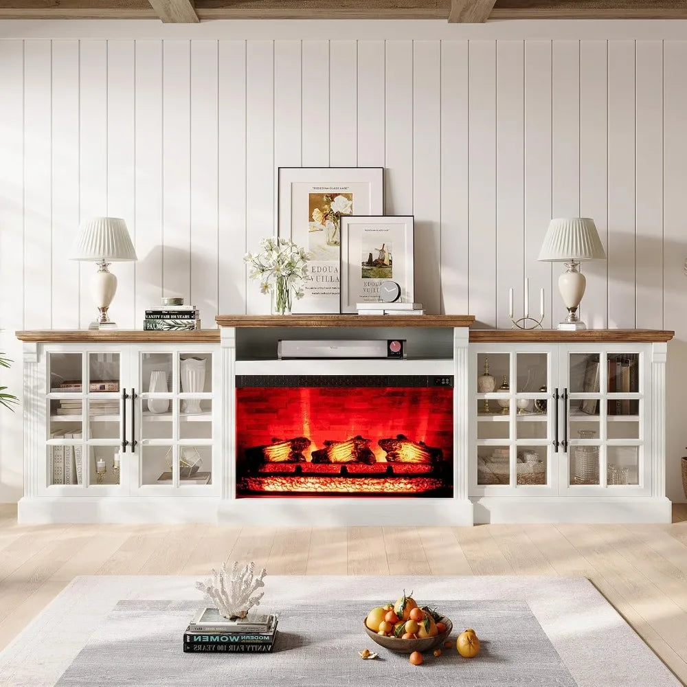 97" Farmhouse TV Stand with 33" Fireplace for TVs up to 100", Media Entertainment Center with Large Storage Cabinet