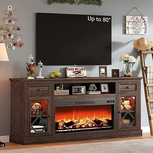 Farmhouse 70" Fireplace TV Stand with 37" Fireplace, Large LED Media Entertainment Center for 80" TVs, 31" Tall Highboy TV Console