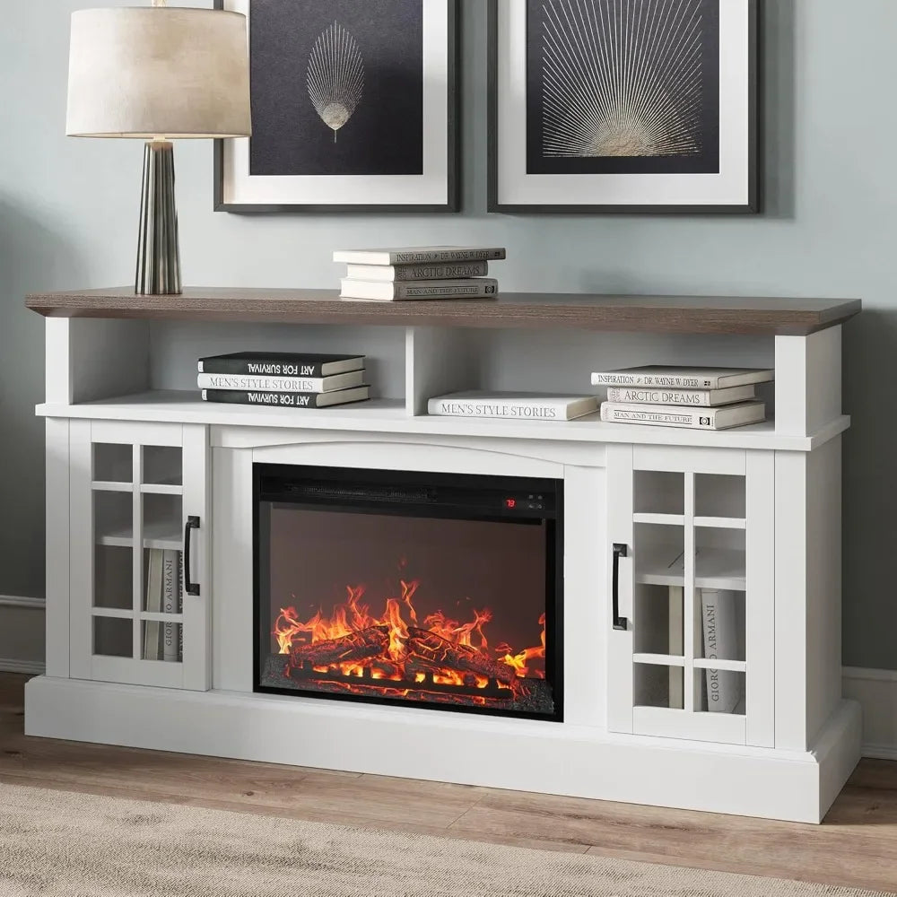 Traditional 58" Rustic TV Stand with 23" Electric Fireplace Heater with Sound, Media Entertainment Center Console Table for TV