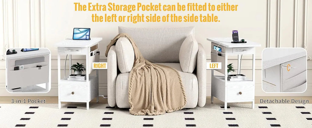 Small Side Table with Charging Station, Narrow Nightstand Bedside Tables with Storage Pocket for Living Room Bedroom, Sofa End Table