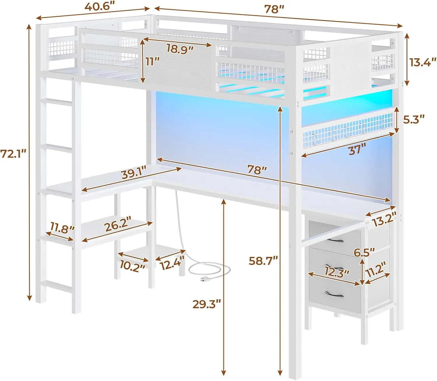 Loft Bed Twin Size with L-Shaped Desk, 3 Storage Drawers, 2-Tier Storage Shelves, Power OUtlets, LED Metal Twin Size Bed Frame,