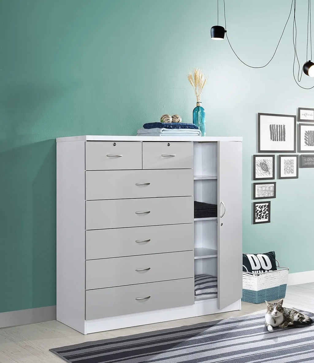 7-Drawer Large Chest with 5 Big Drawers, 2 Small Drawers, Locks, Hanging Rod, and 3 Shelves in Grey-White