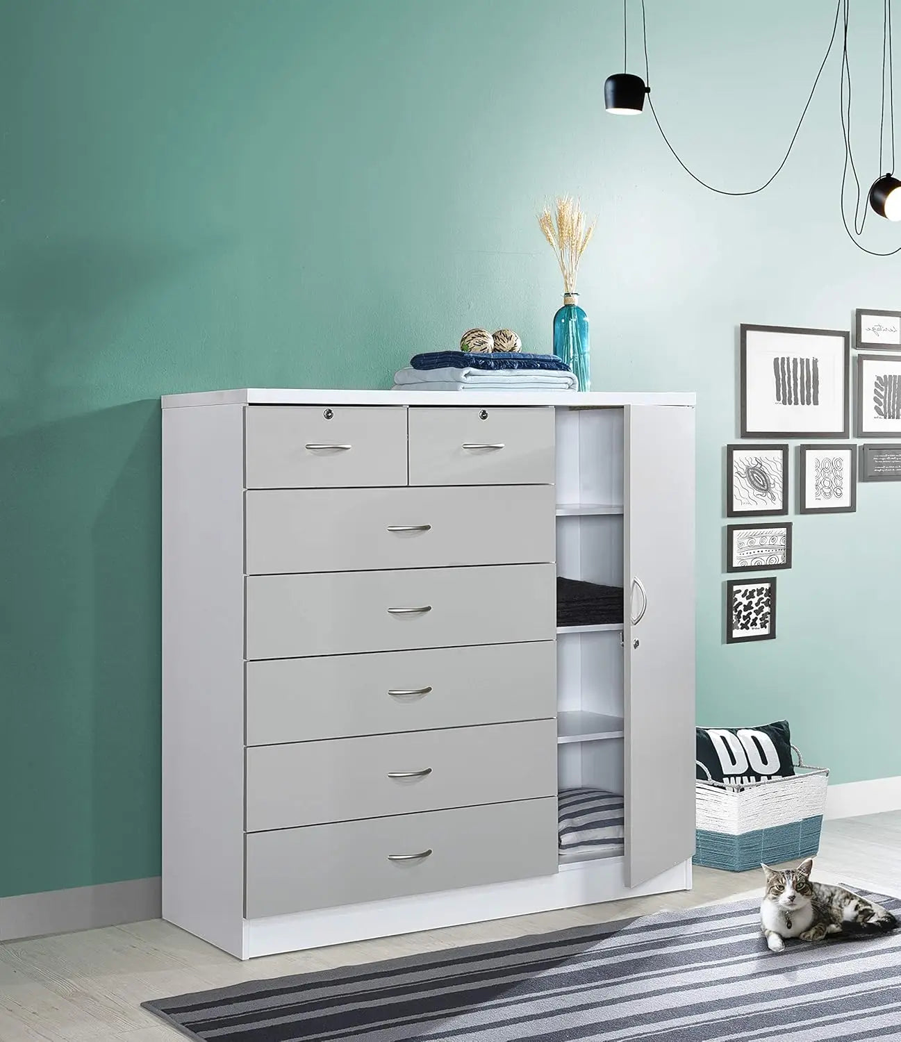 7-Drawer Large Chest with 5 Big Drawers, 2 Small Drawers, Locks, Hanging Rod, and 3 Shelves in Grey-White