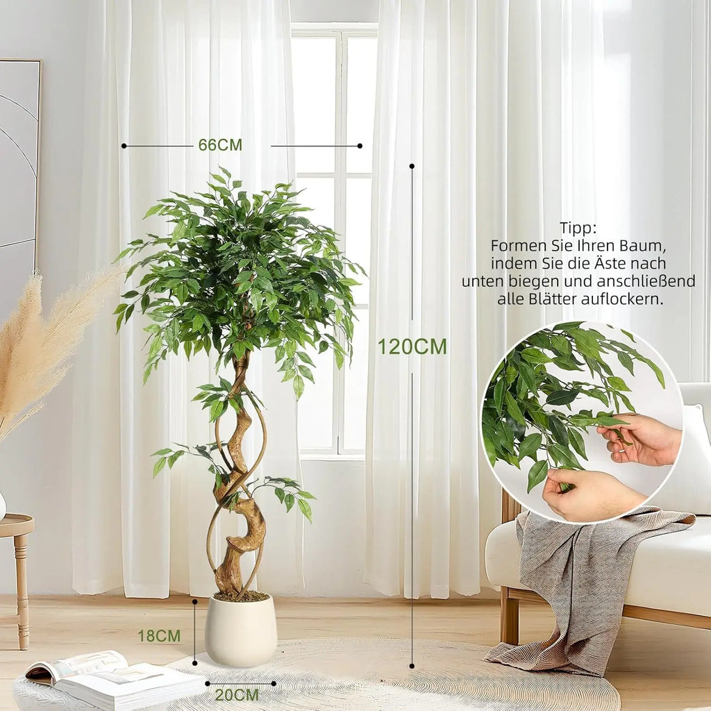 Artificial Ficus Tree 120/150/180cm with White Planter, Large Faux Weeping Fig with Curved Trunk and 1860 Silk Leaves, Lifelike Indoor Plant for Living Room/ Bedroom/ Office Decor, No Maintenance