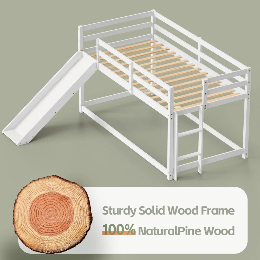 Low Bunk Bed with Slide, Floor Loft Bed with Climbing Ladder, Wood Twin Bunk Bed Frame with Full Guardrails & Storage Space