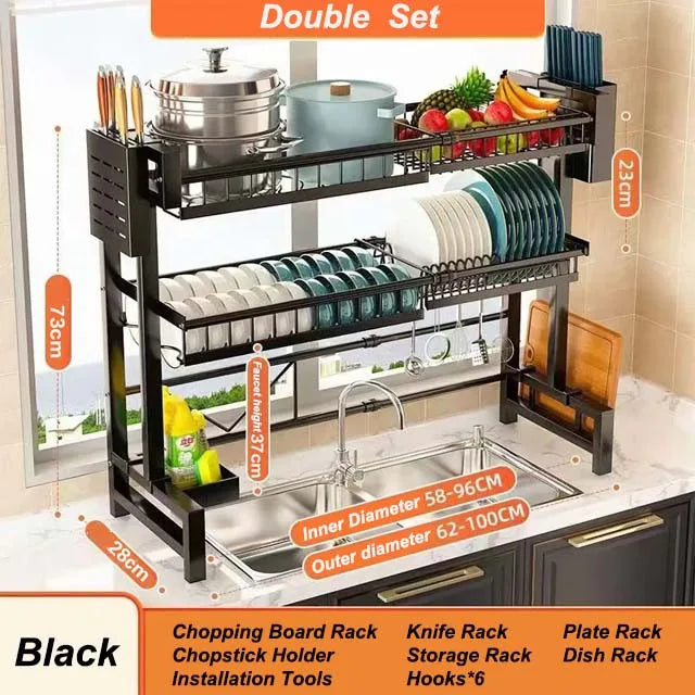 Kitchen Storage Shelf Above The Sink, Stretchable Bowl Draining Rack, Multifunctional Dish, Knife, Spoon, Sink Rack Set Organizer