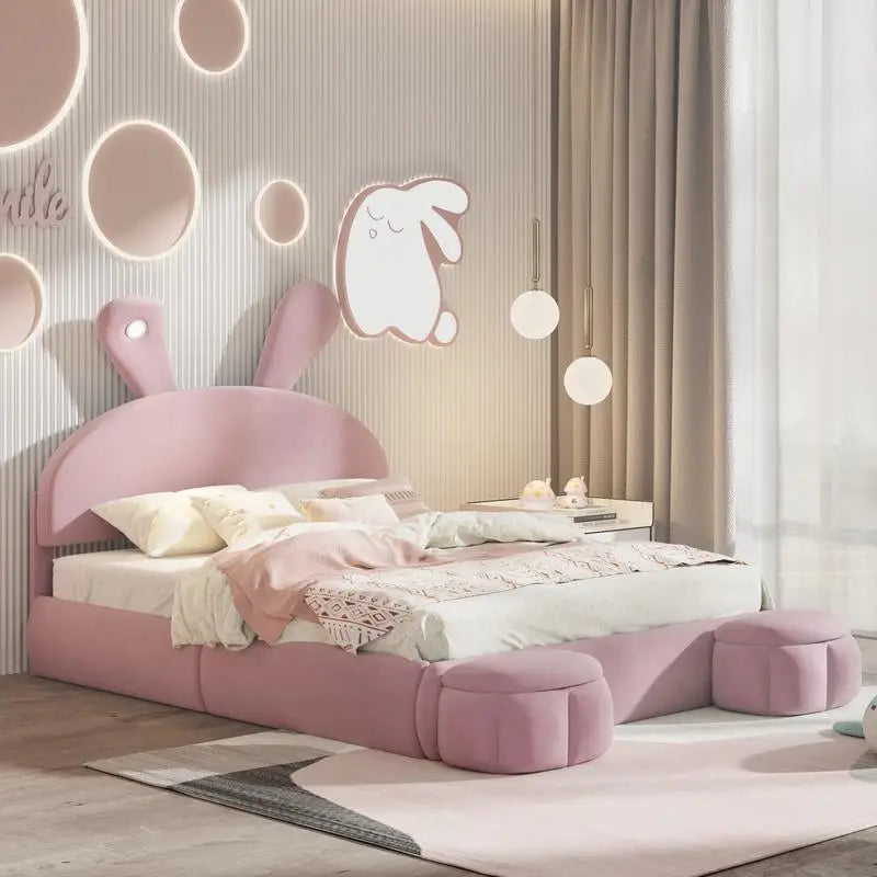 Full Size Upholstered Platform Bed with Cartoon Ear Headboard and Light, Pink Color