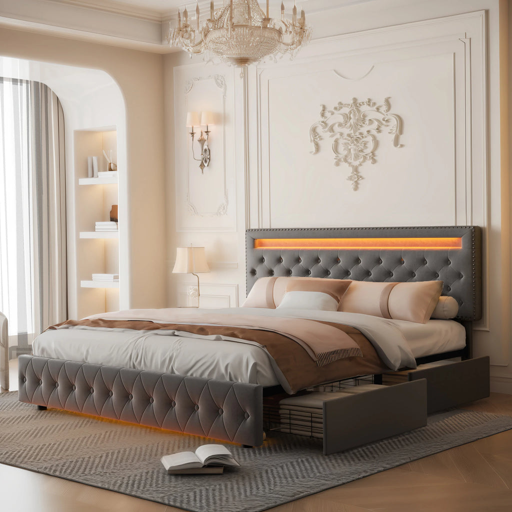 Full Size LED Bed Frame with Storage Drawers, RGBW Lights, Adjustable Headboard, No Box Spring, PU/Velvet Upholstered