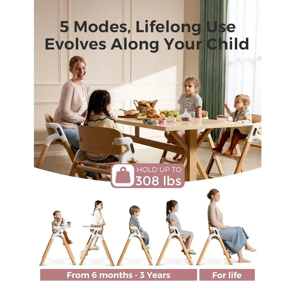 Wooden High Chair for Babies, Toddlers & Adults up to 308 Pounds, Convertible with Food-Grade Tray, Dishwasher Safe