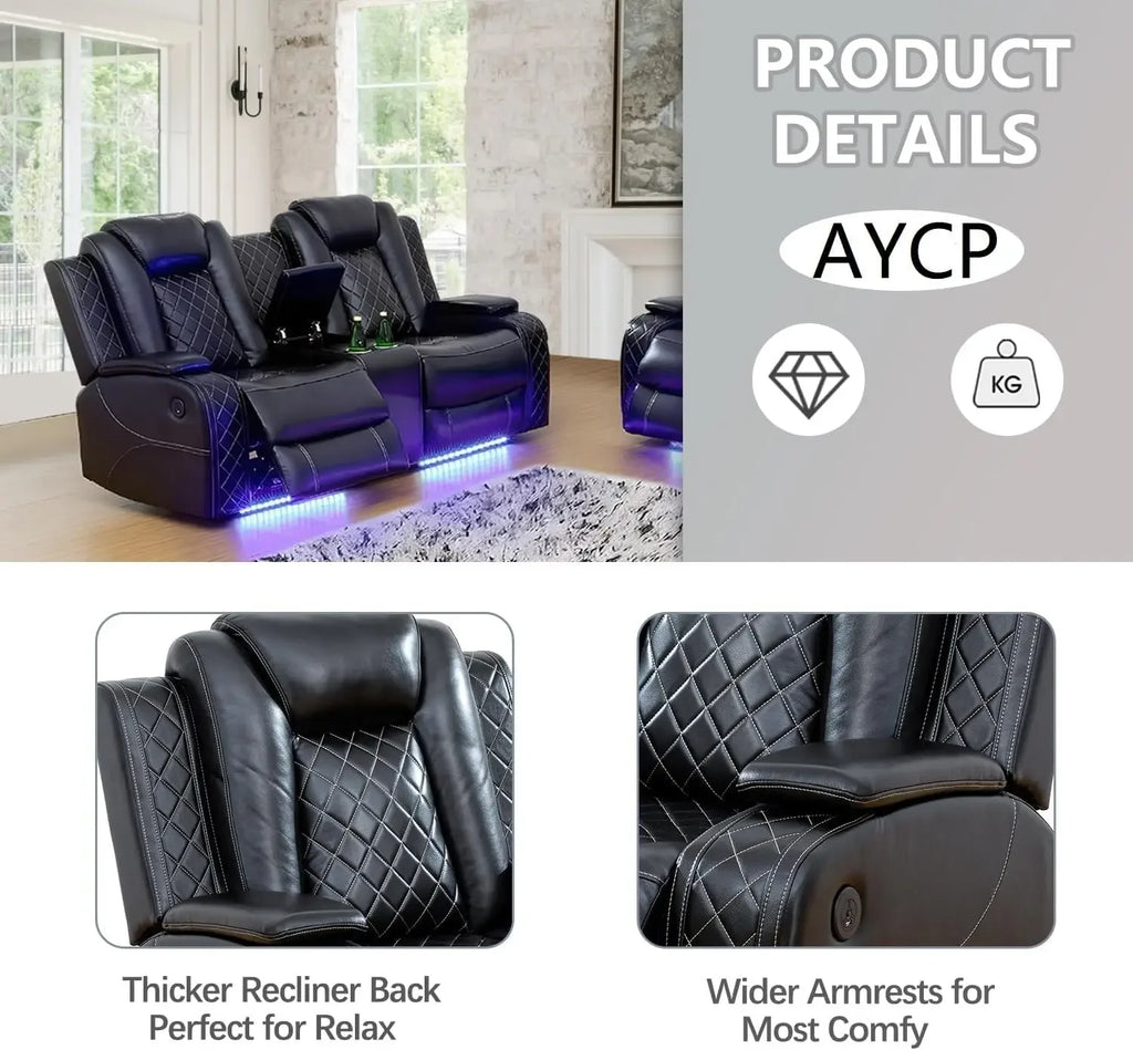 Multifunction Power Air Leather Recliner Sofa Set with LED Lights, Living Room Furniture, Reclining Sofa, Loveseat, Chair