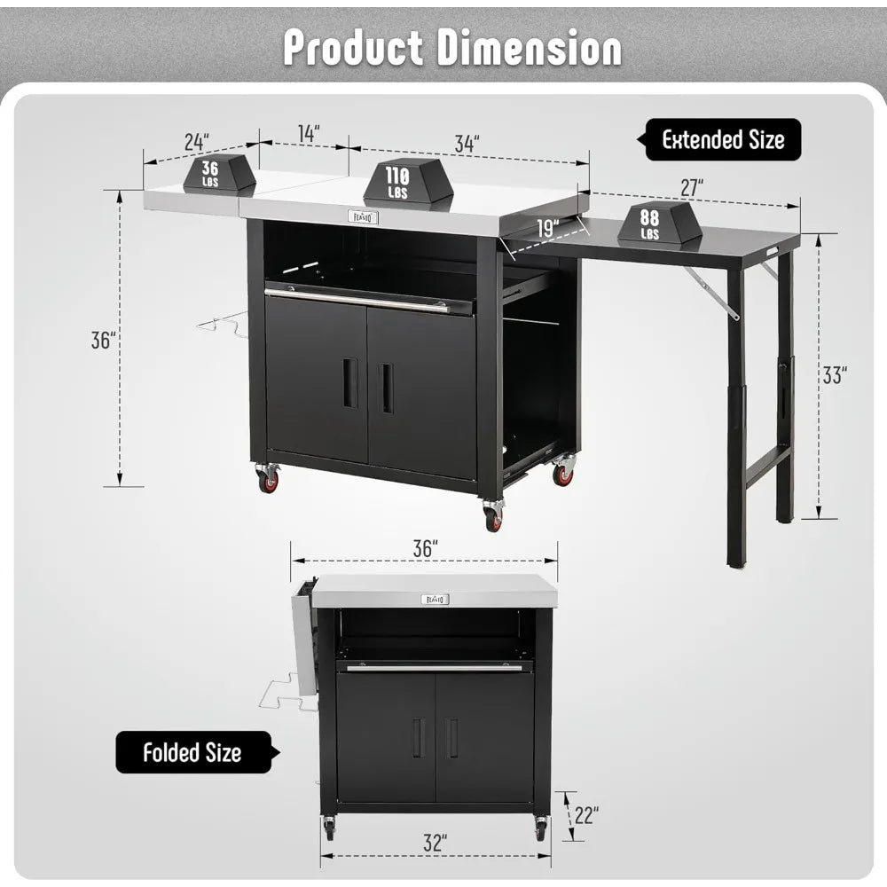 Stainless Steel Outdoor Kitchen Grill Table with Foldable Side Tables and Cabinet