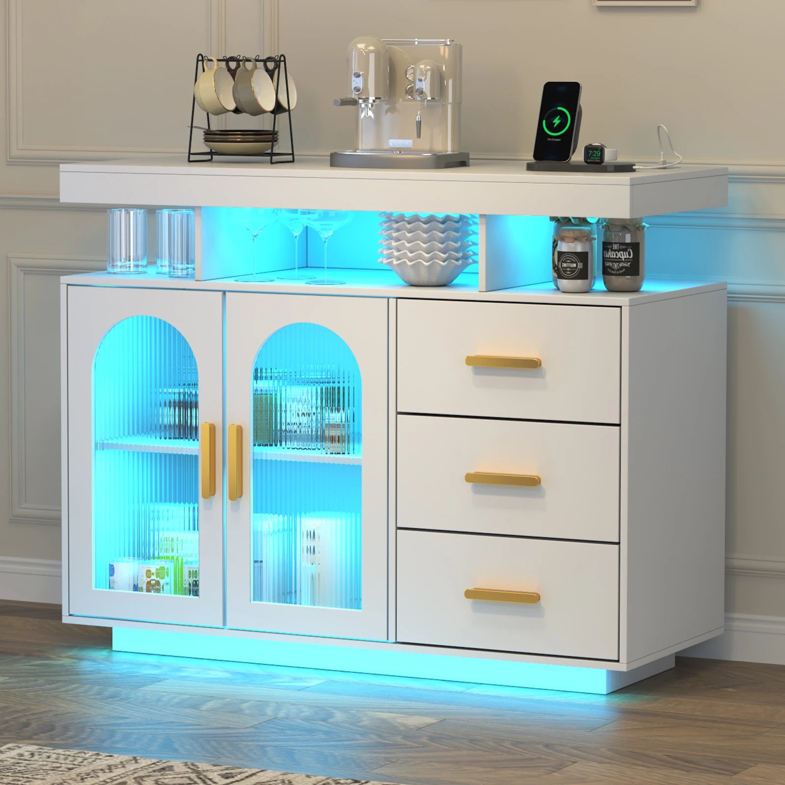 JDPAG 40" LED Buffet Cabinet with Wireless Charging Station, Auto Sensor RGB 20-Color Dimmable Sideboard