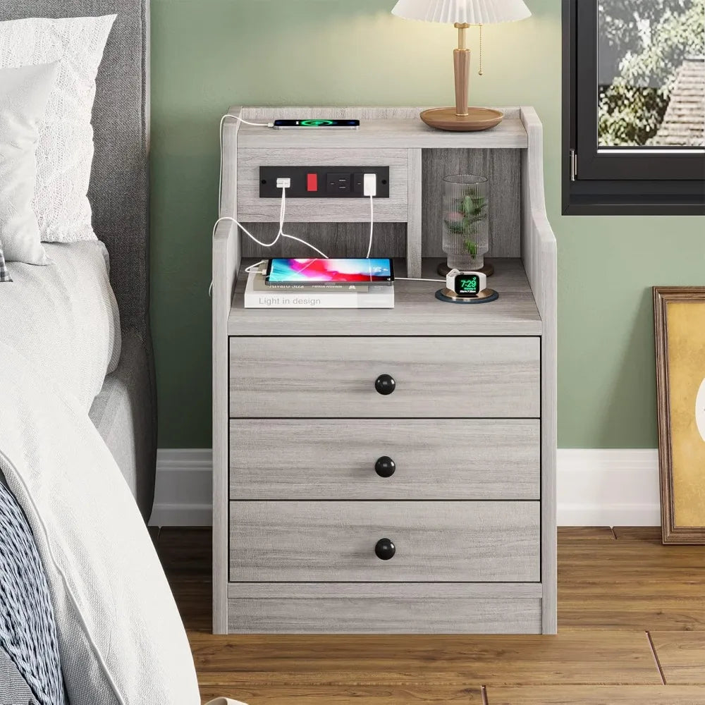 Nightstand Set 2,Gray with Charging Station & Hutch, Night Stands with Drawers