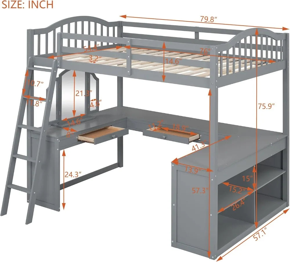 Full Size Loft Bed with U-Shaped Desk, Storage Shelves, Tri-Fold Mirror for Kids Teens (Gray)