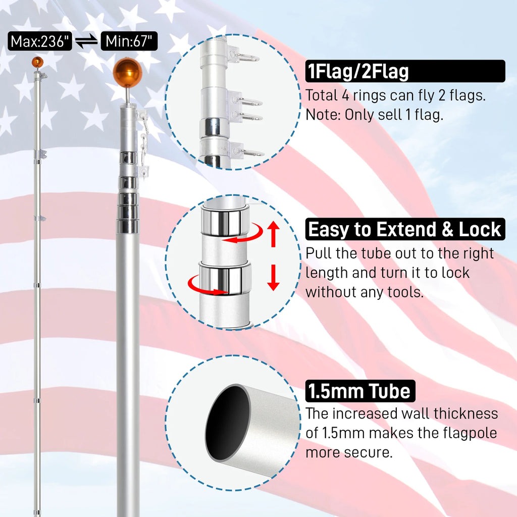 Telescopic Flag Pole Kit, 20FT Height Adjustable/ Heavy Duty Aluminum Flagpoles with 5x3 US Flag & Golden Ball Topper for Yard/ House Ground Residential Commercial