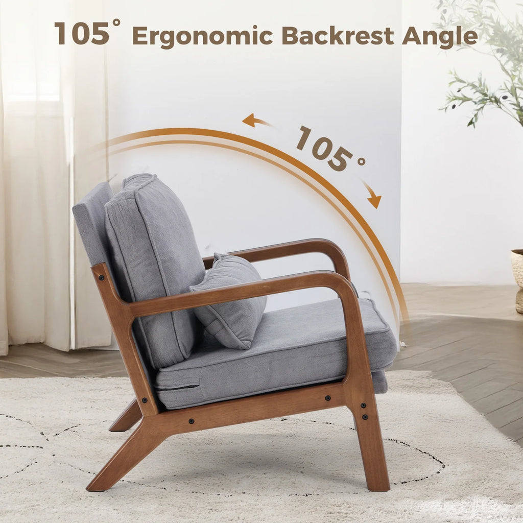 Solid Wooden Frame Accent Chair with Arms and Waist Cushion, Reading Chairs for Adults, Lounge Chair