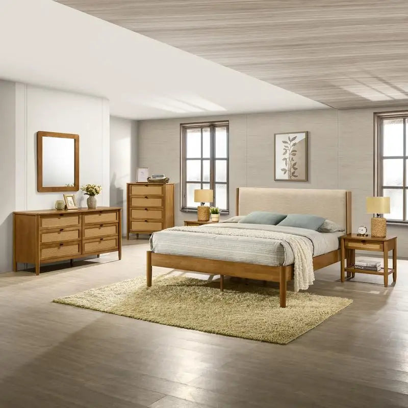 6-Piece Rubberwood Bedroom Set with Textured Polyester Queen Bed, Dresser, Mirror, Nightstand & Chest