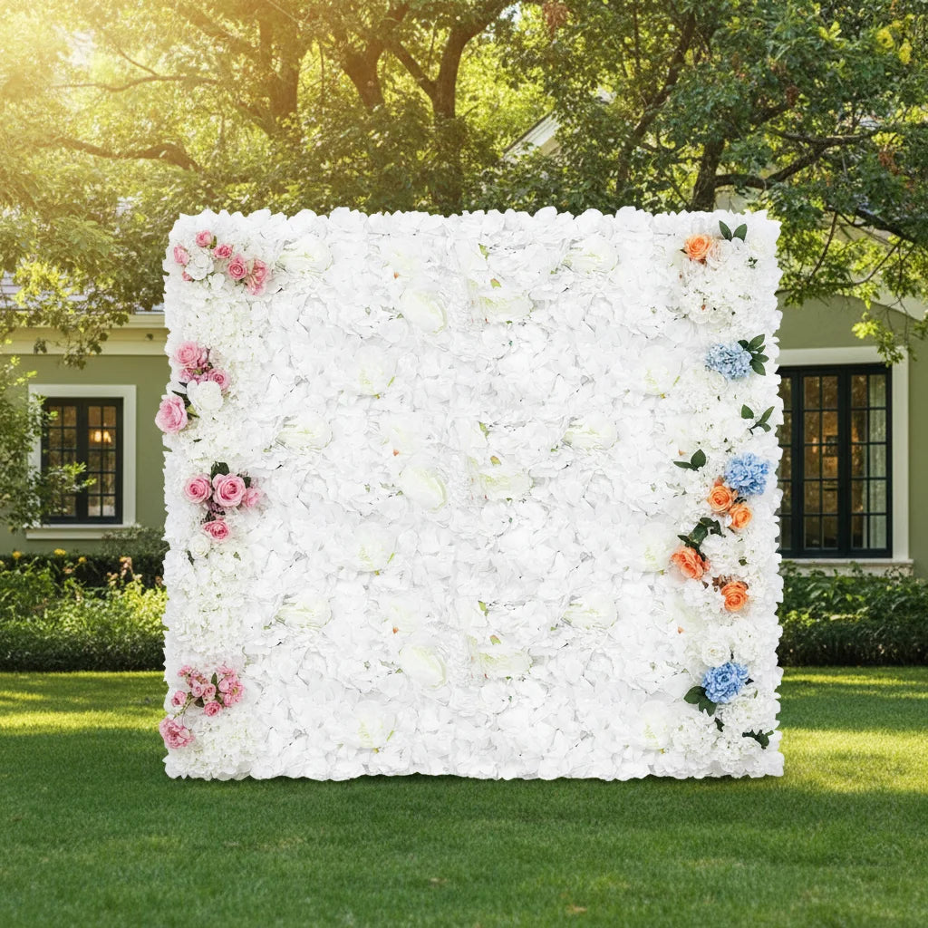 6 Pack Artificial Flower Wall Panels, 60x40cm Large Silk Rose/ Peony /Dahlia/ Hydrangea Flowers for Wedding Backdrop /Home Room Wall Decor, White Fake Floral Grid Panel Set for Indoor Outdoor Fence Privacy Screen Party/ DIY D