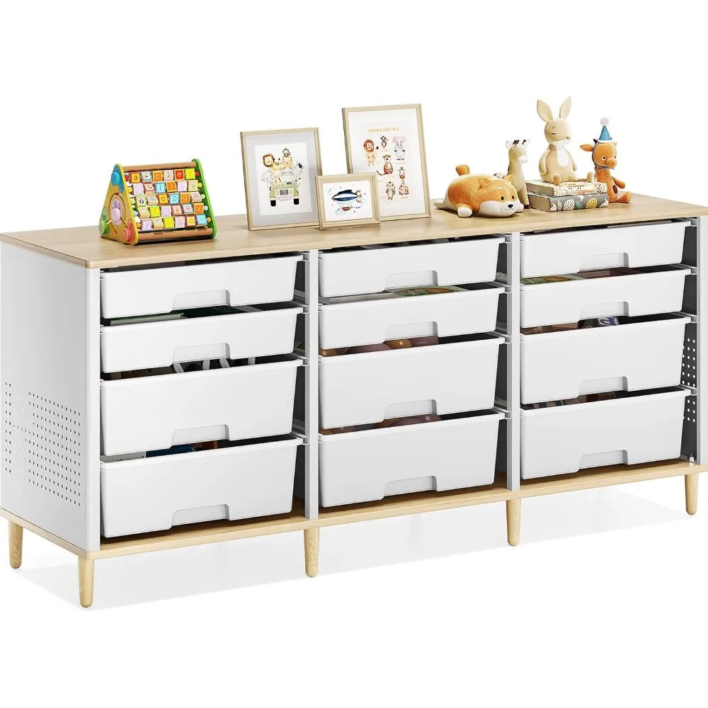 12-Drawer Storage Cabinet with Wooden Top for Home, Living Room, Bedroom, and Classroom Organization