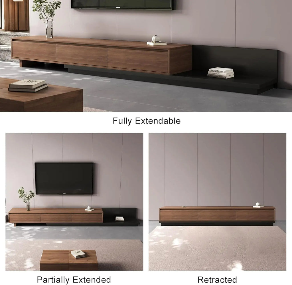 Adjustable TV Stand Entertainment Center, 3 - Drawer Extendable Media Console (79"-130") with Storage Cabinets - Stylish Walnut