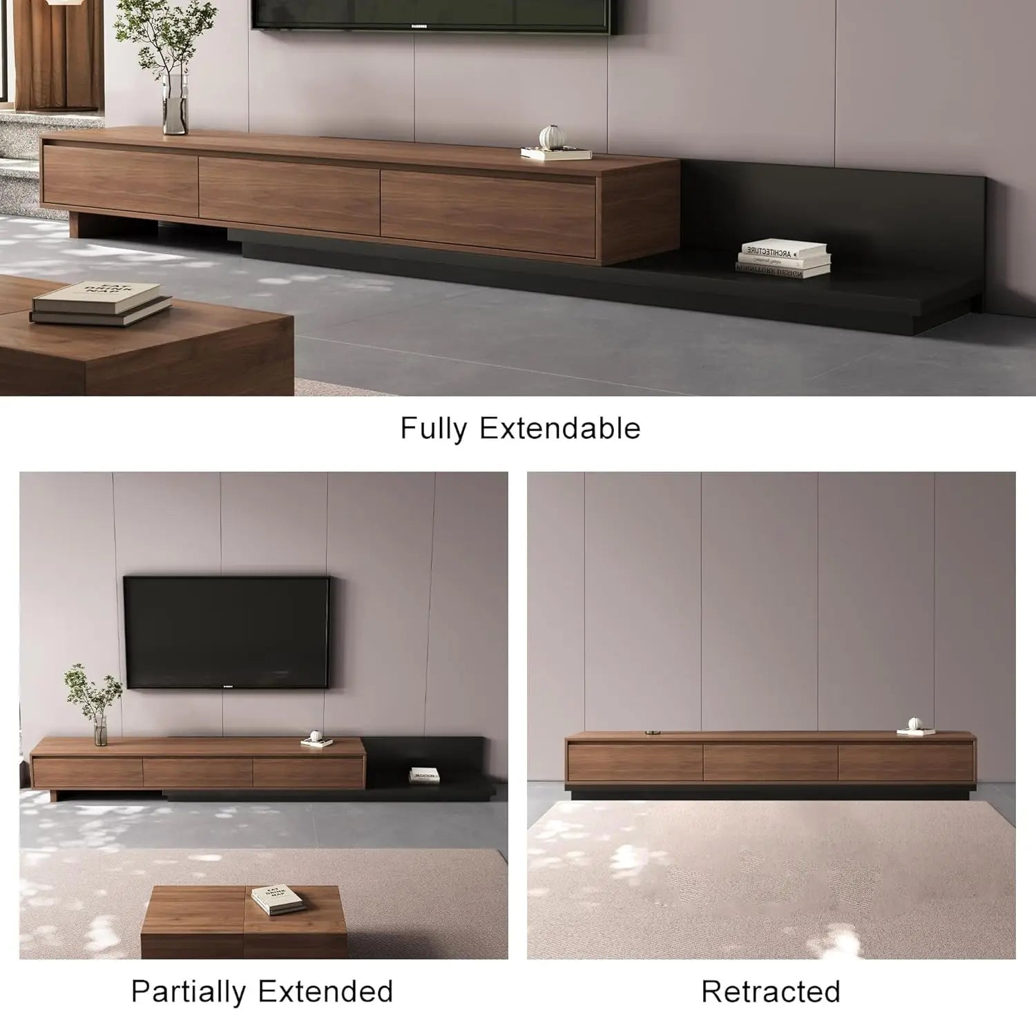 Adjustable TV Stand Entertainment Center, 3 - Drawer Extendable Media Console (79"-130") with Storage Cabinets - Stylish Walnut
