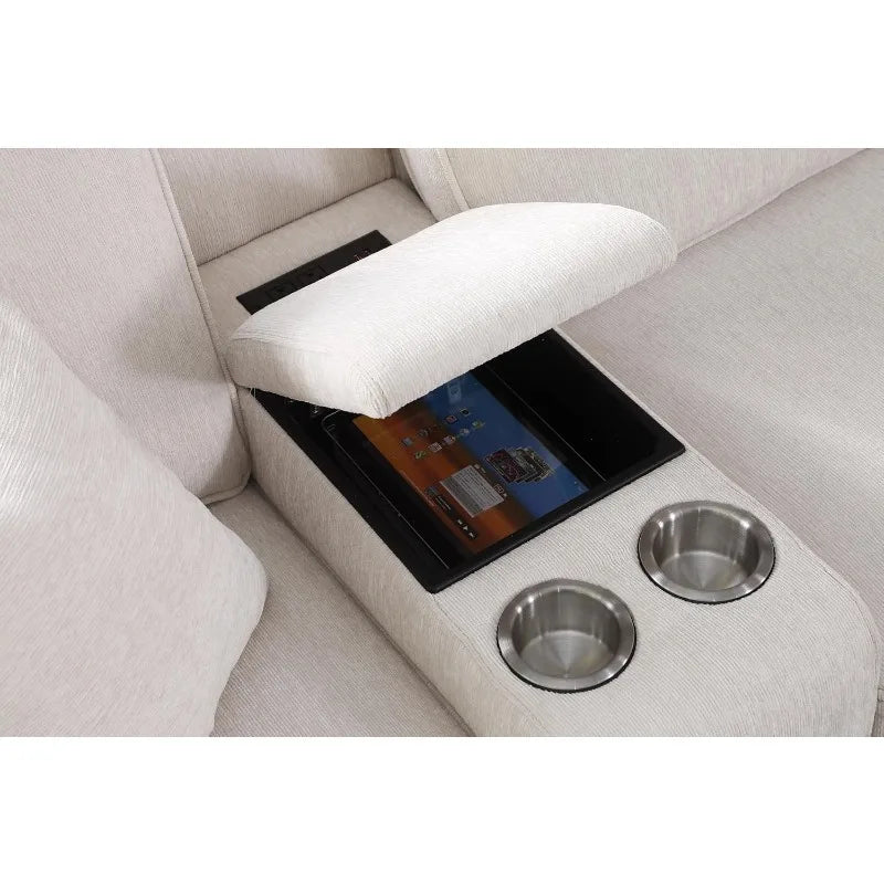 127" L-Shaped Sectional Couch with Movable Ottoman & 6 Throw Pillows ,W/2 Cup Holders ,Beige