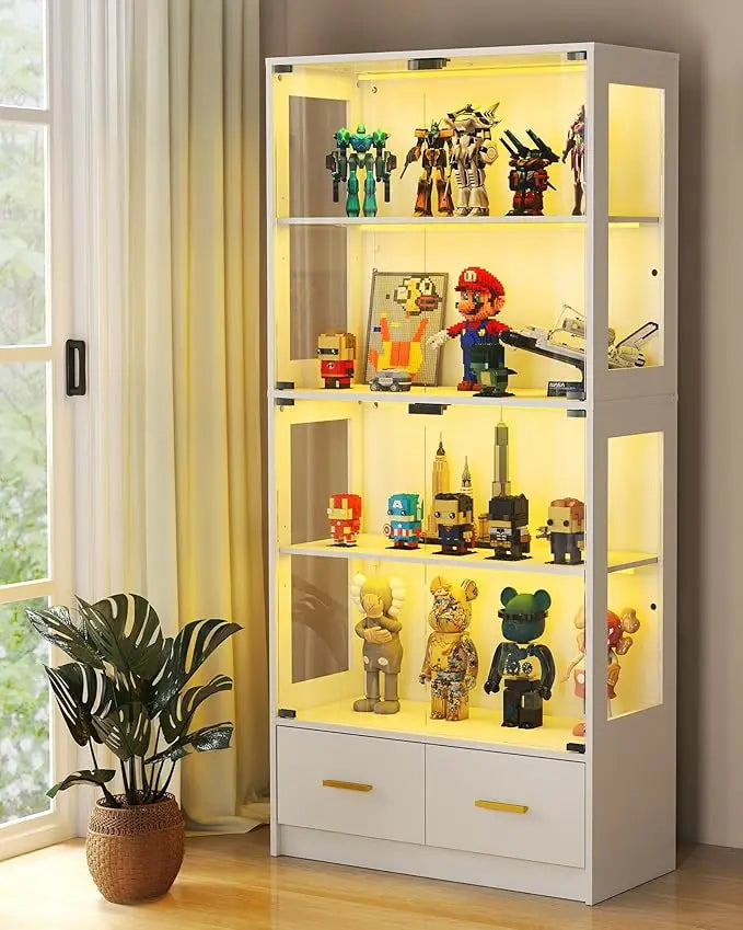 Glass Display Cabinet with Doors - Curio Cabinet with Dynamic LED Lights for Collectibles, 67" Display Case with 4 Tiers & Drawers