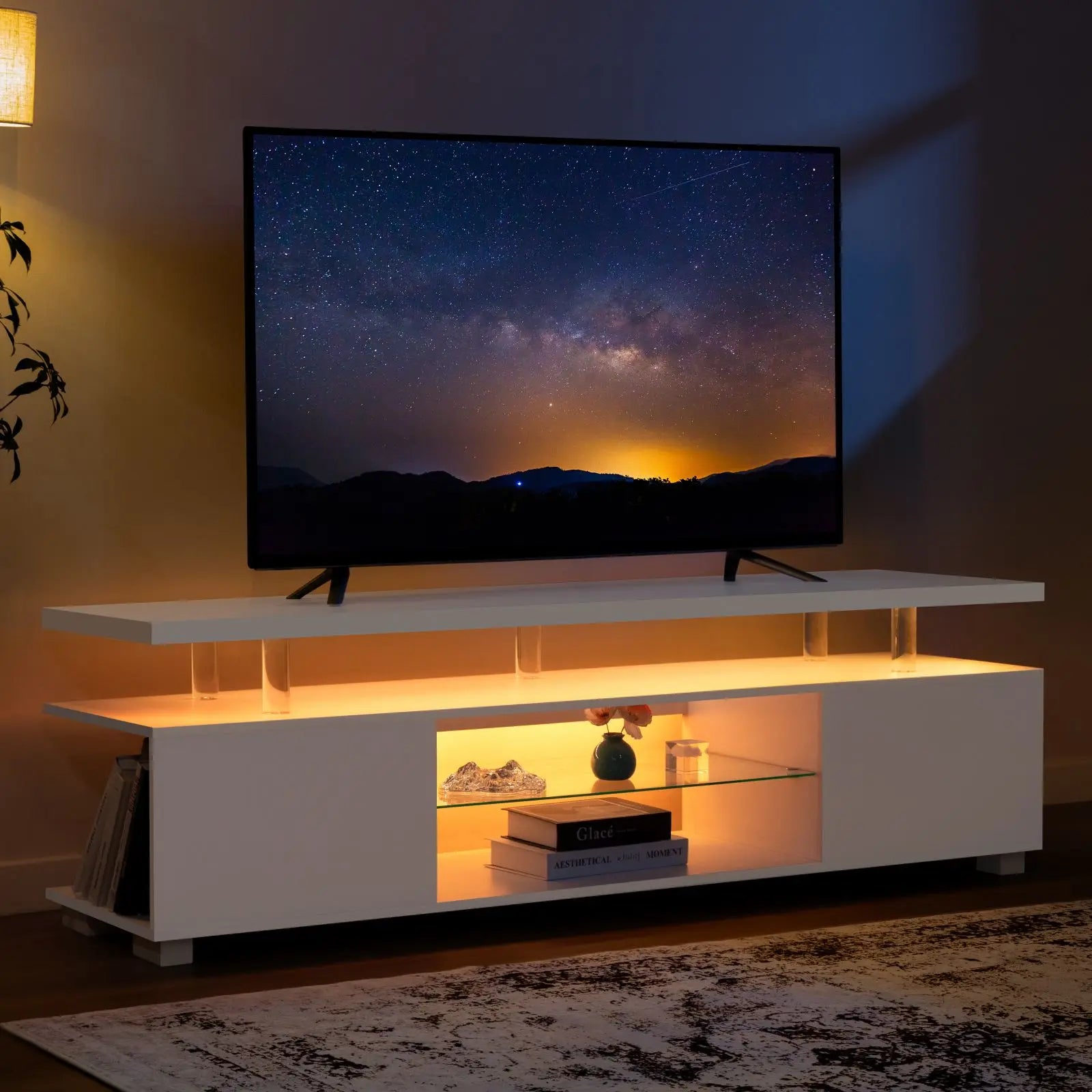 Cubehom LED TV Stand White Entertainment Center, Gaming Center for 60- 65inch TV with Storage, TV Stands for Gaming/ Living